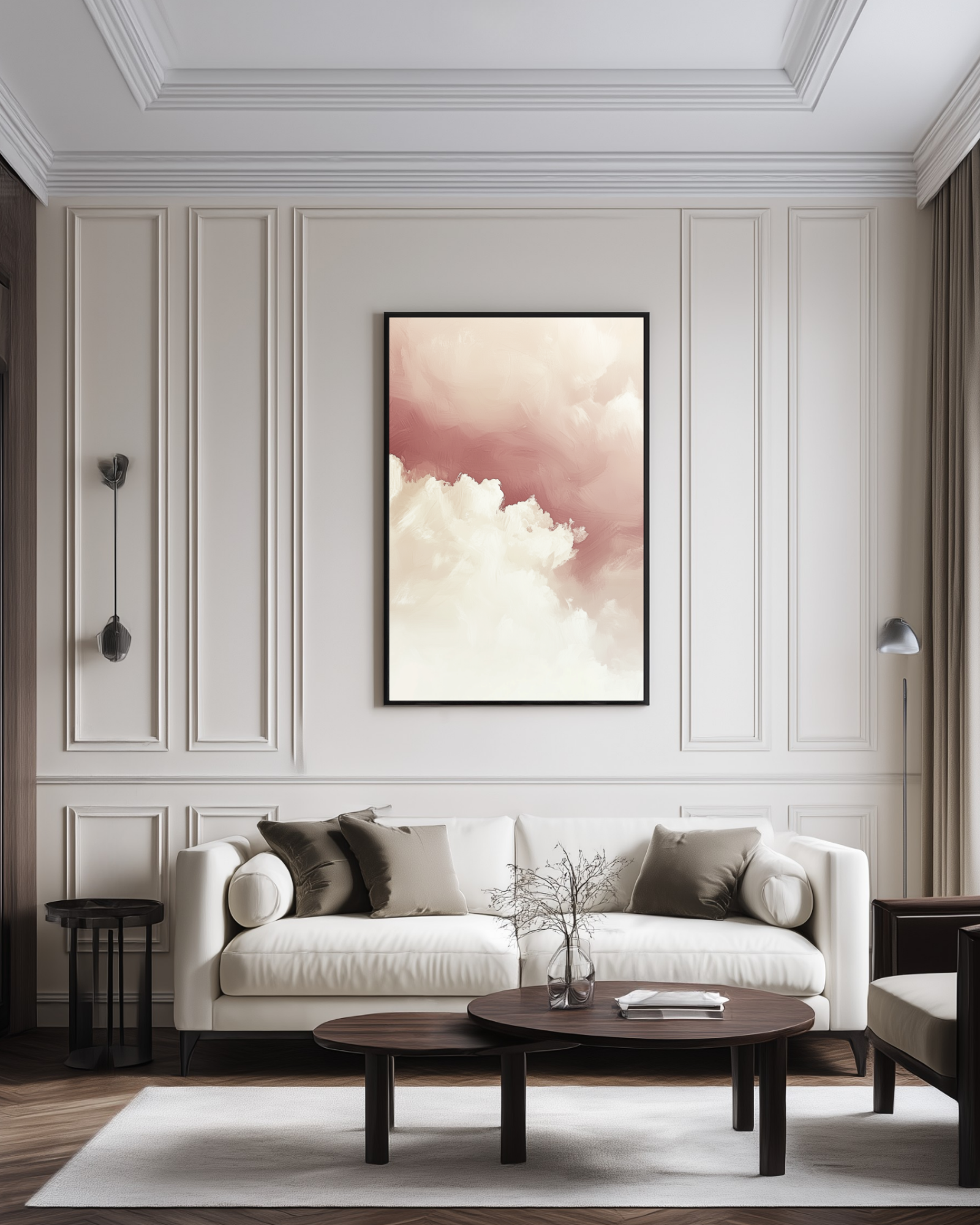 Modern living room with a white sofa, coffee table, and large pink clouds luxury  wall art.