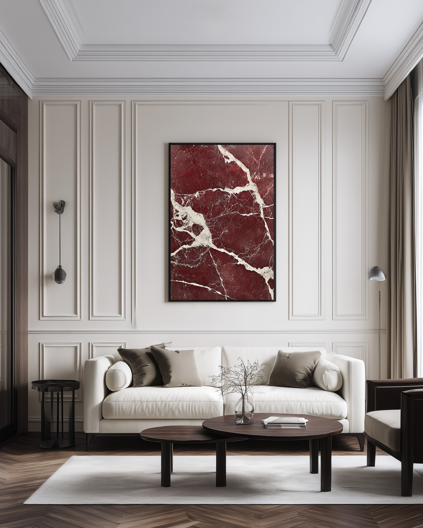 Modern living room with a white sofa, wooden coffee table, and a large red marble-patterned painting on the wall.