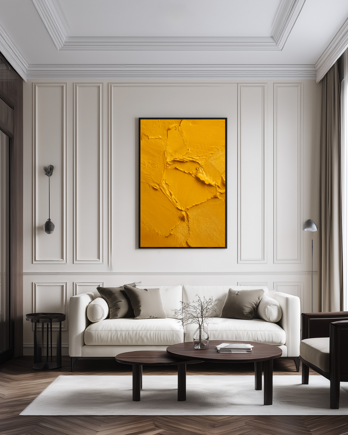 Modern living room with a white sofa, wooden coffee table, and yellow abstract painting on the wall.