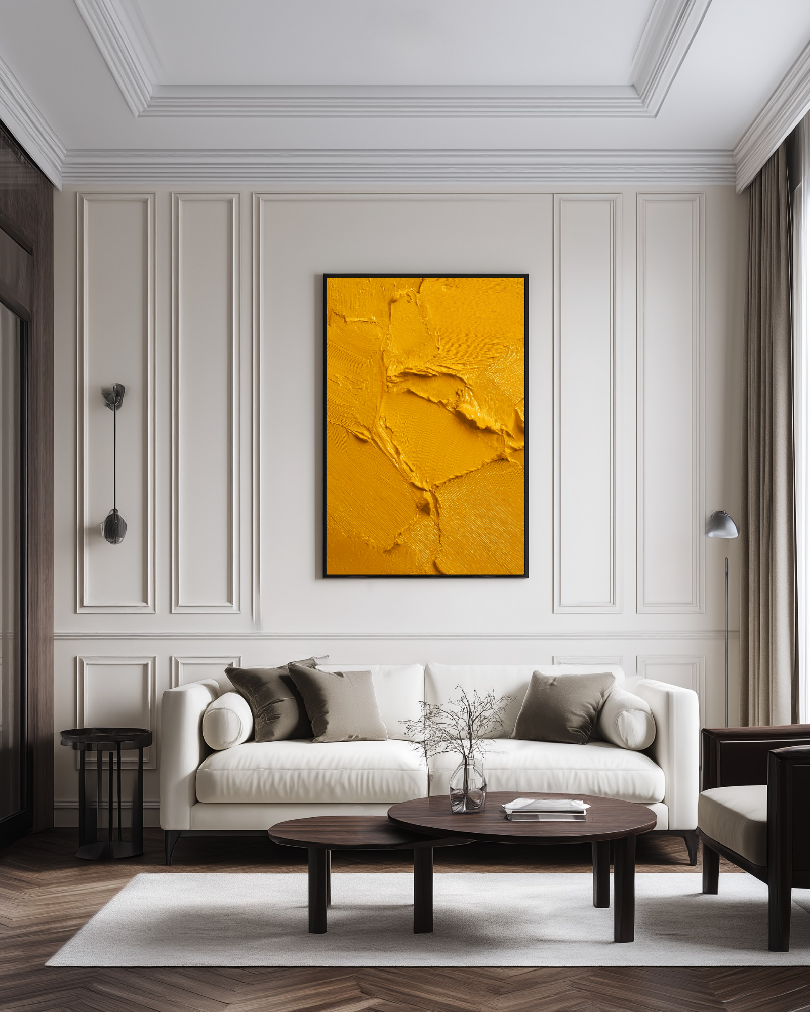 Modern living room with a white sofa, wooden coffee table, and yellow abstract painting on the wall.