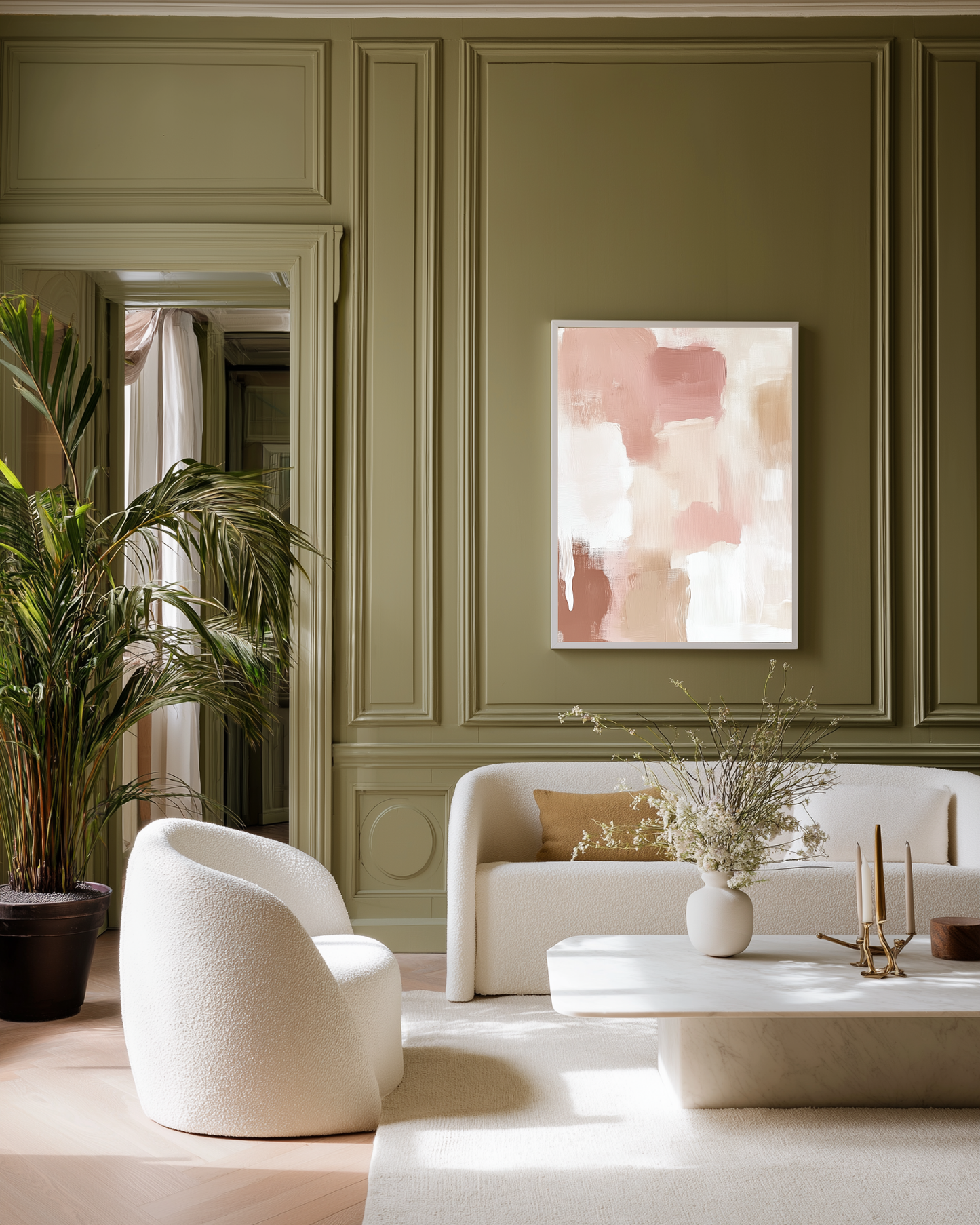 Modern living room with green paneled olive green walls, white furniture, and an abstract pink and white painting.