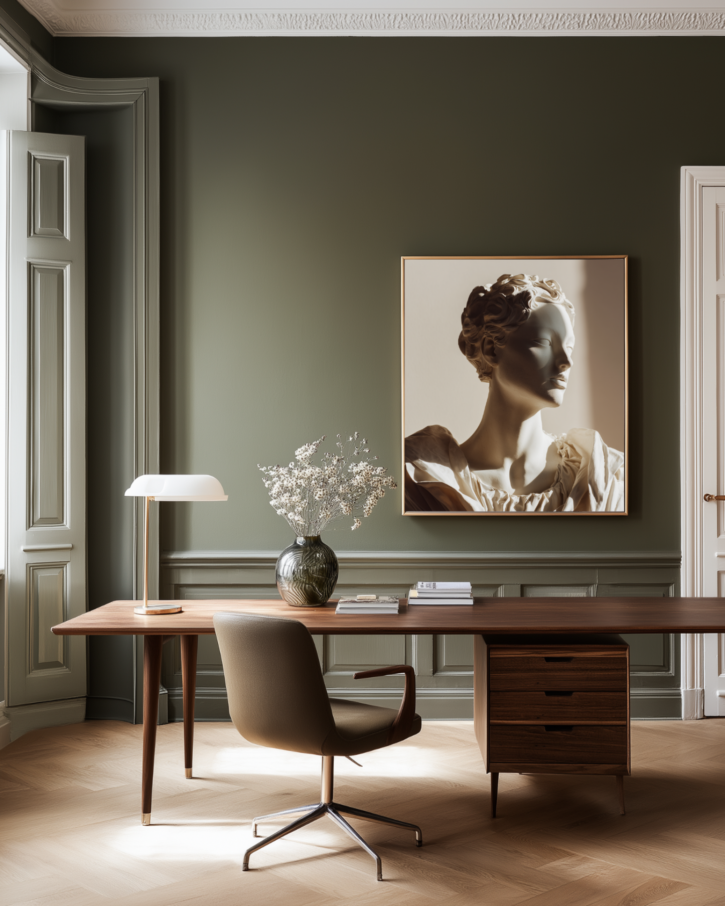 Modern office with olive green walls and luxury wall art of minimalist photography art print of a female sculpture