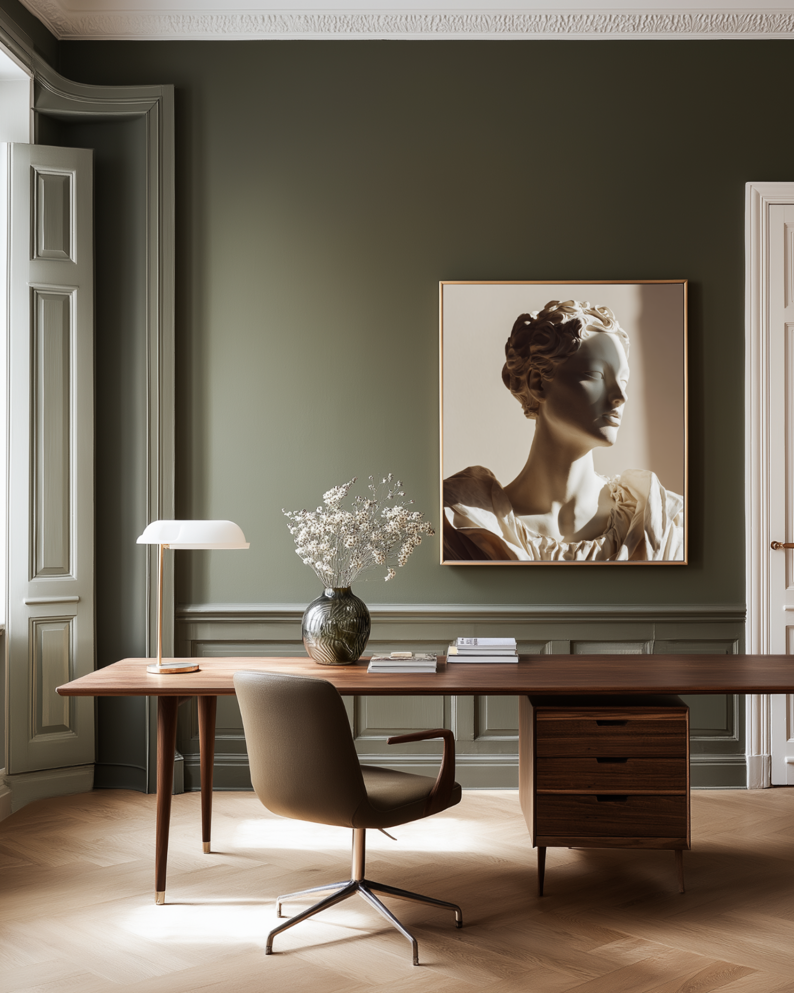 Modern office with olive green walls and luxury wall art of minimalist photography art print of a female sculpture