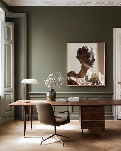 Modern office with olive green walls and luxury wall art of minimalist photography art print of a female sculpture