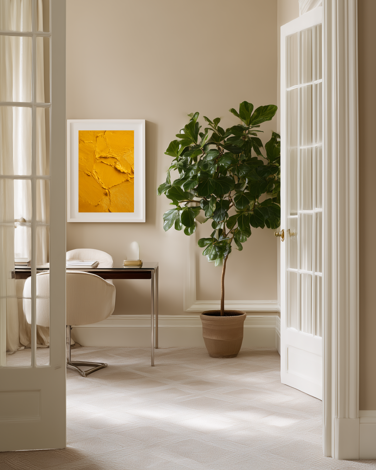 Modern office with a plant, yellow abstract artwork, and a door open to another room.
