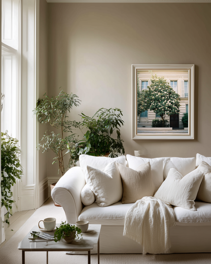 Modern white living room with Parisian vintage style photo poster