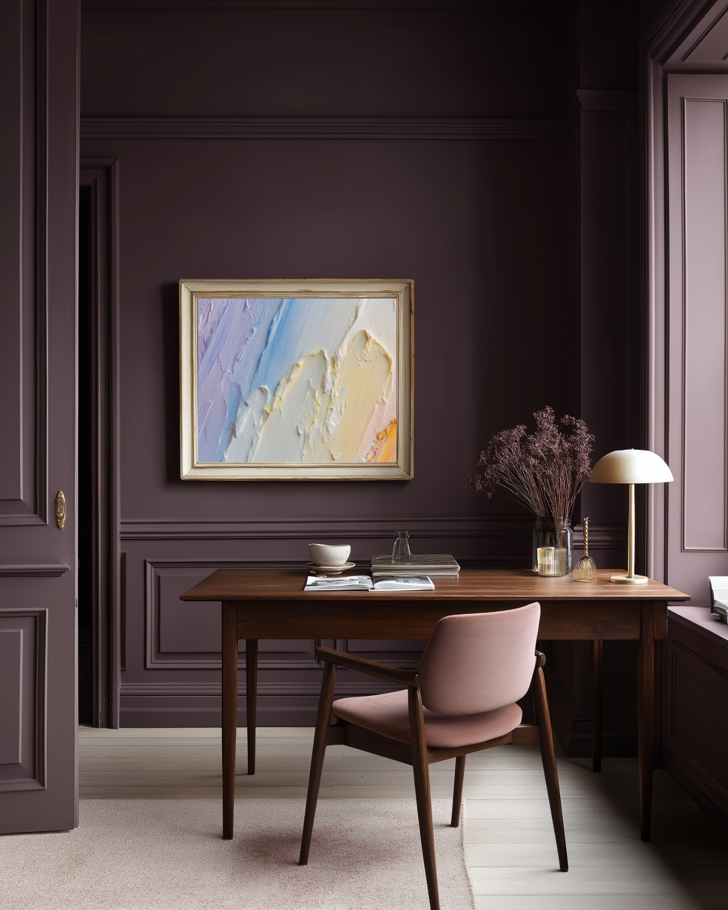 Purple home office with framed light abstract pastel paint brush wall wart.