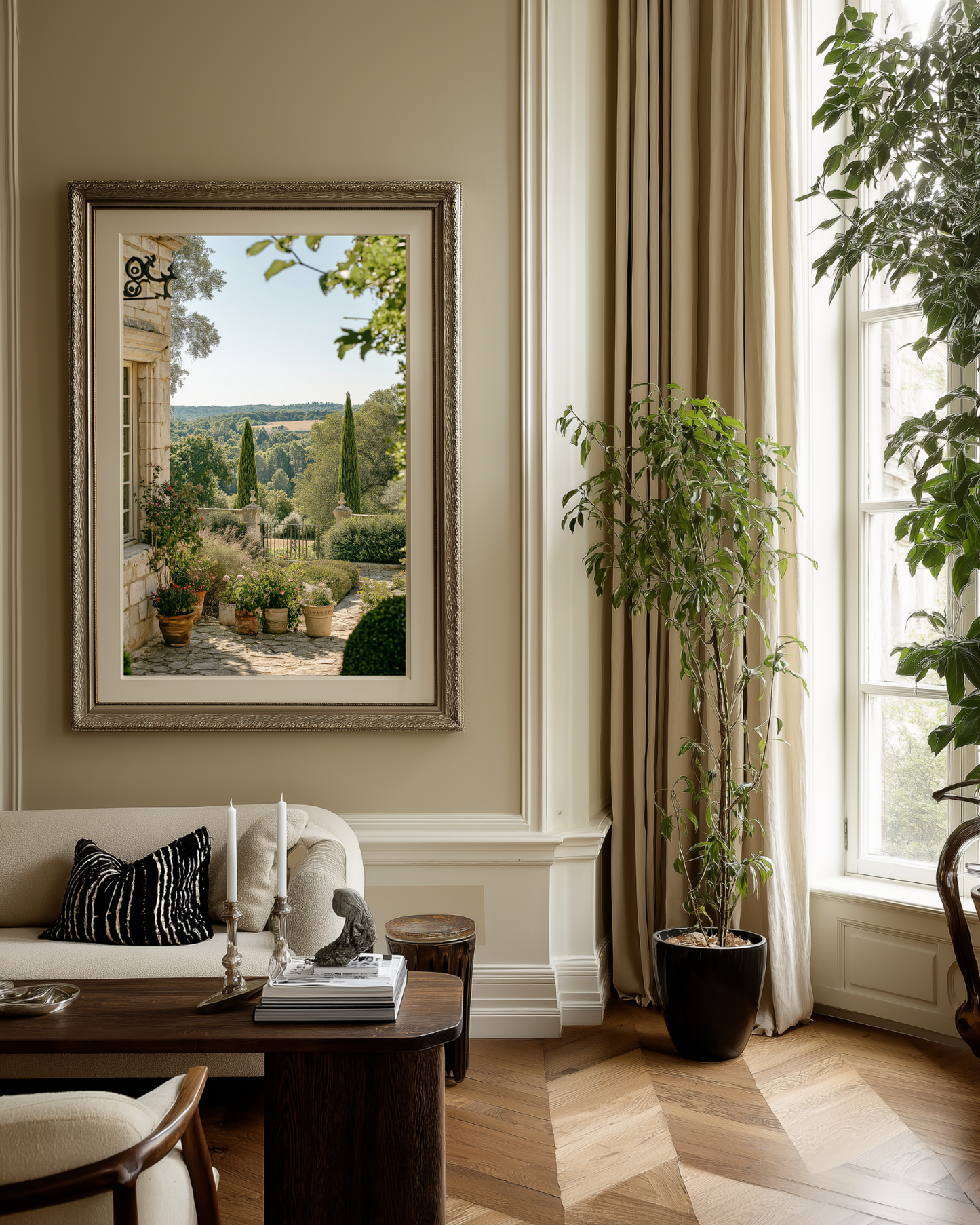 Framed Tuscan landscape photo poster in luxurious living room.