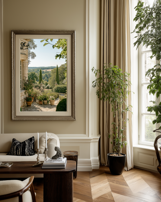 Framed Tuscan landscape photo poster in luxurious living room.