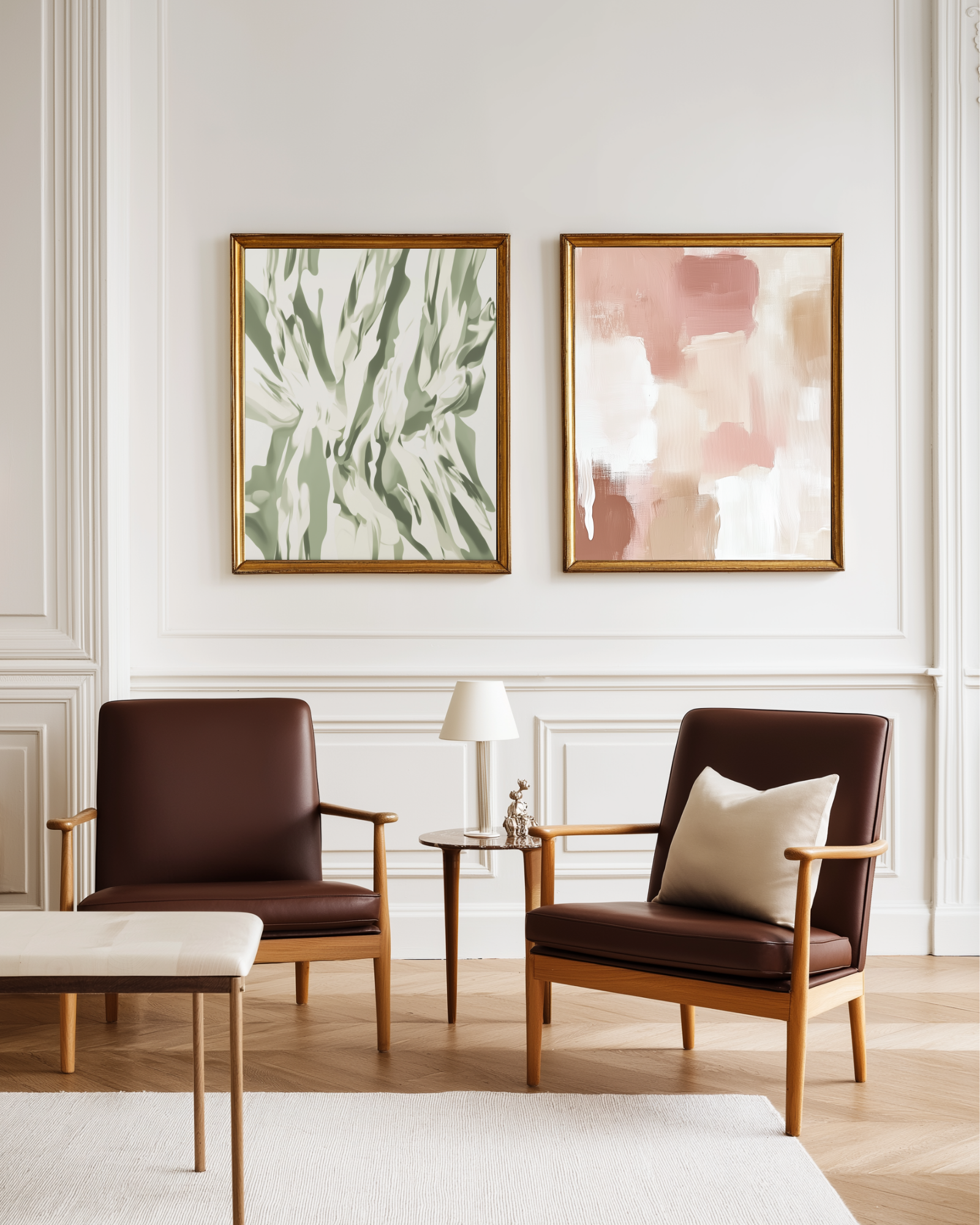 Two brown armchairs in a living room with abstract pink and sage green framed posters on the wall.