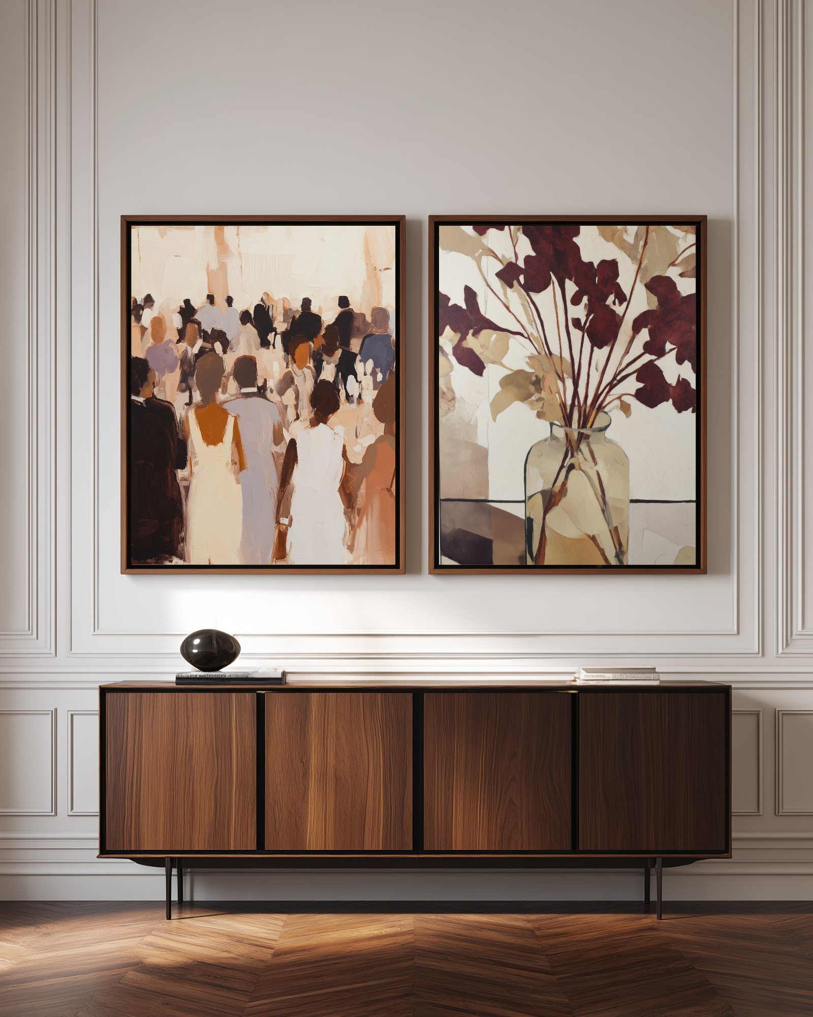 Two framed luxury paintings on a wall above a walnut sideboard in a Scandinavian luxury home