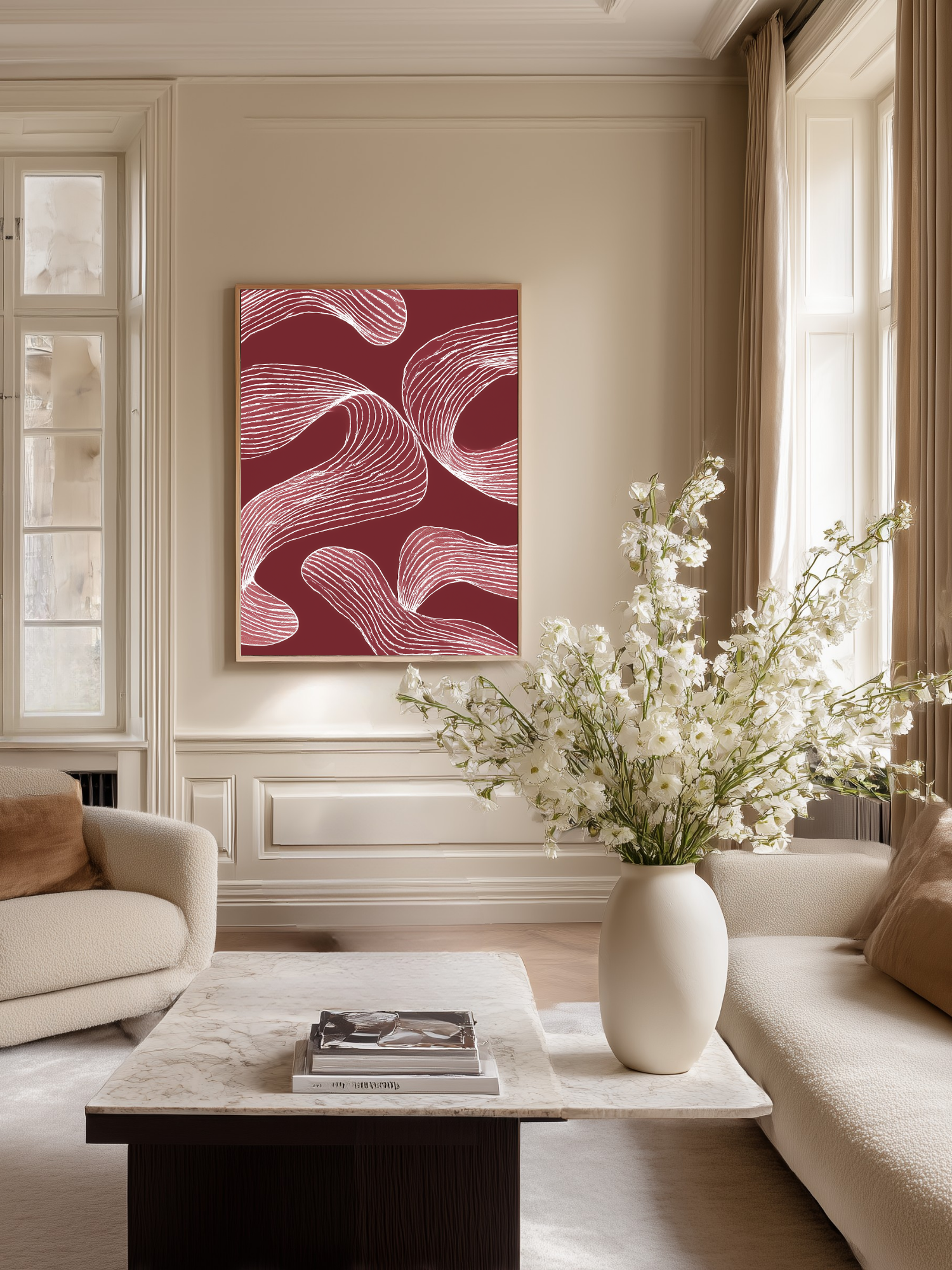 Living room with a red abstract painting, white flowers in a vase, and a marble coffee table.