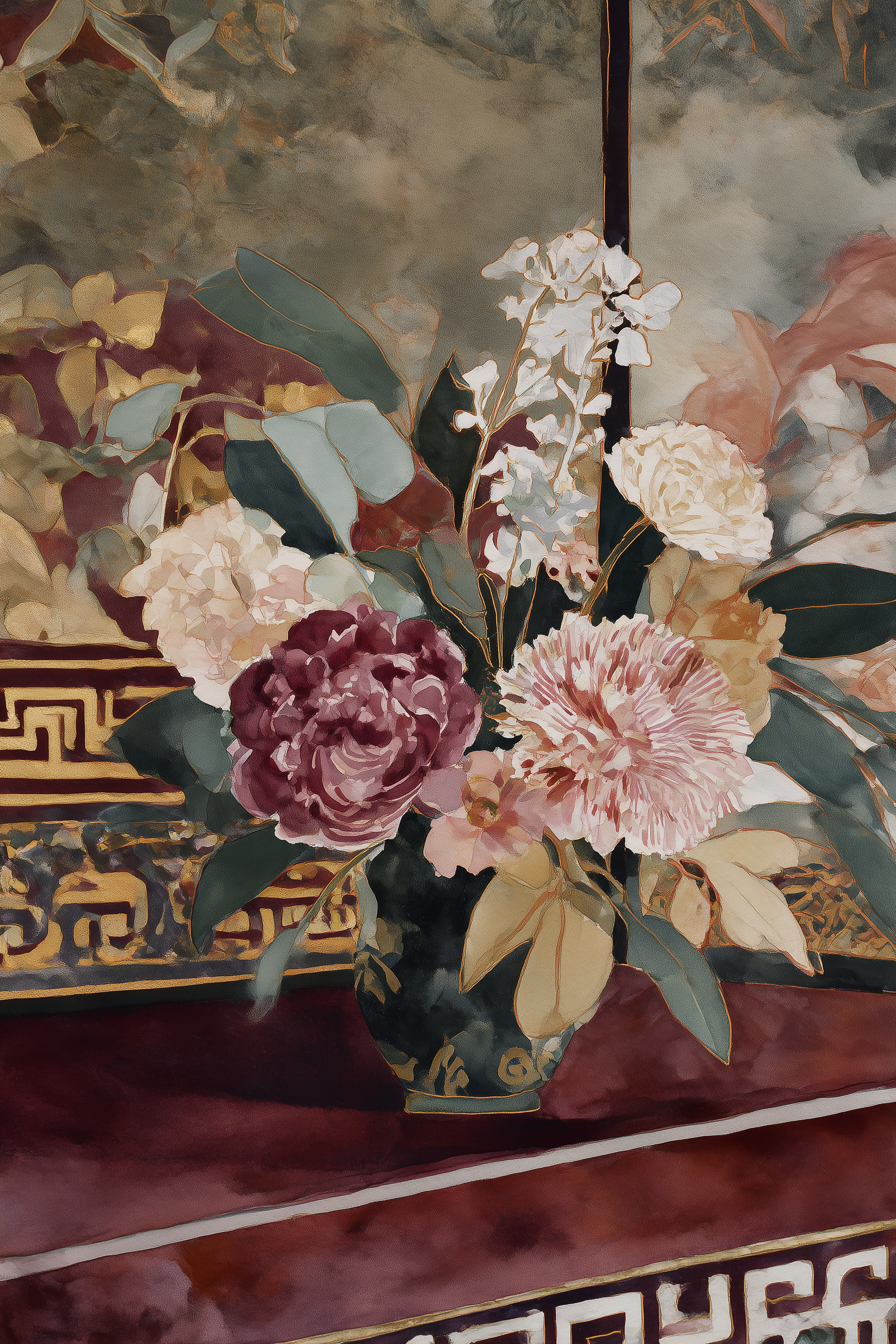 colorful painting in deep red with flower bouquet in vase