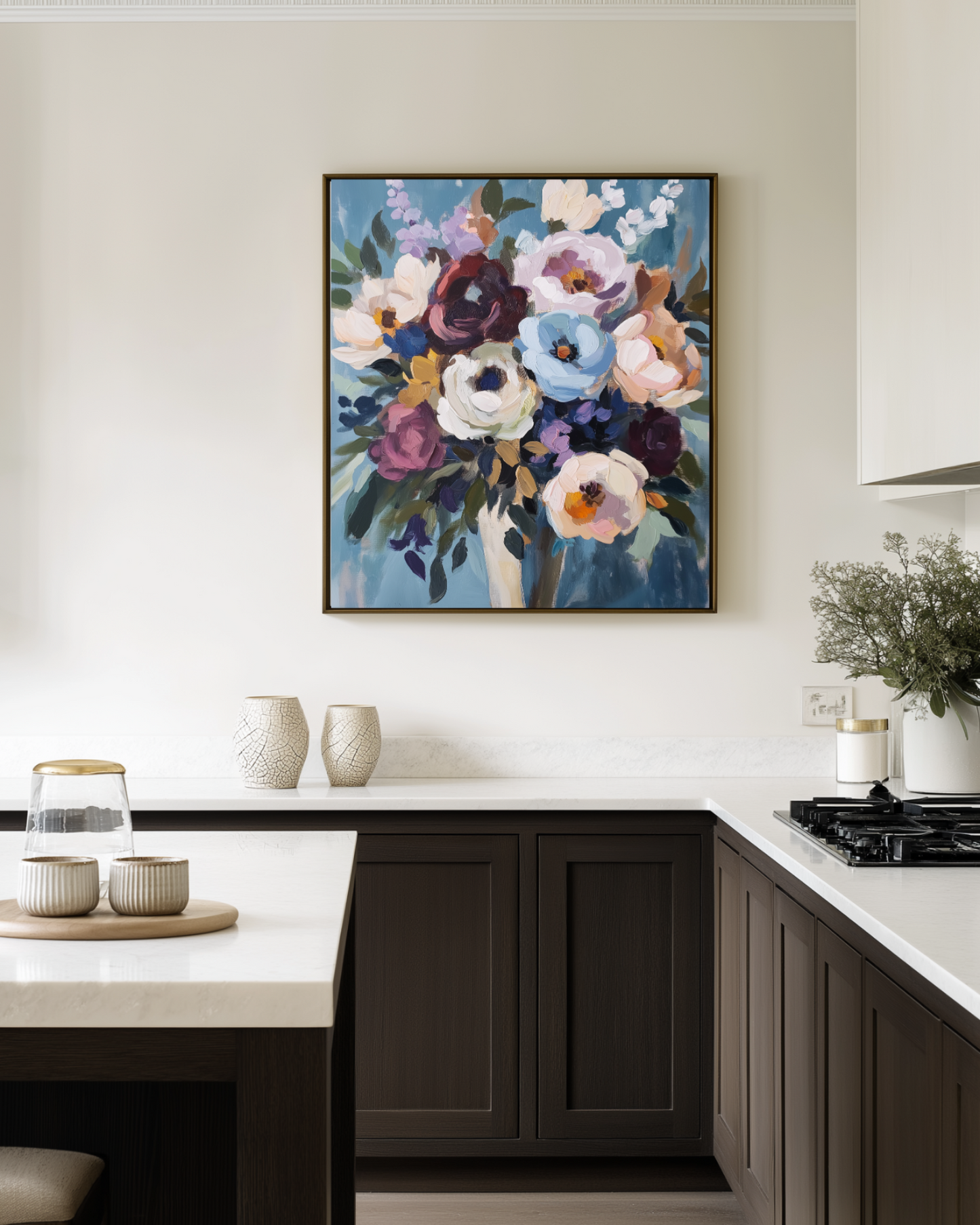 Kitchen interior with a floral painting on the wall