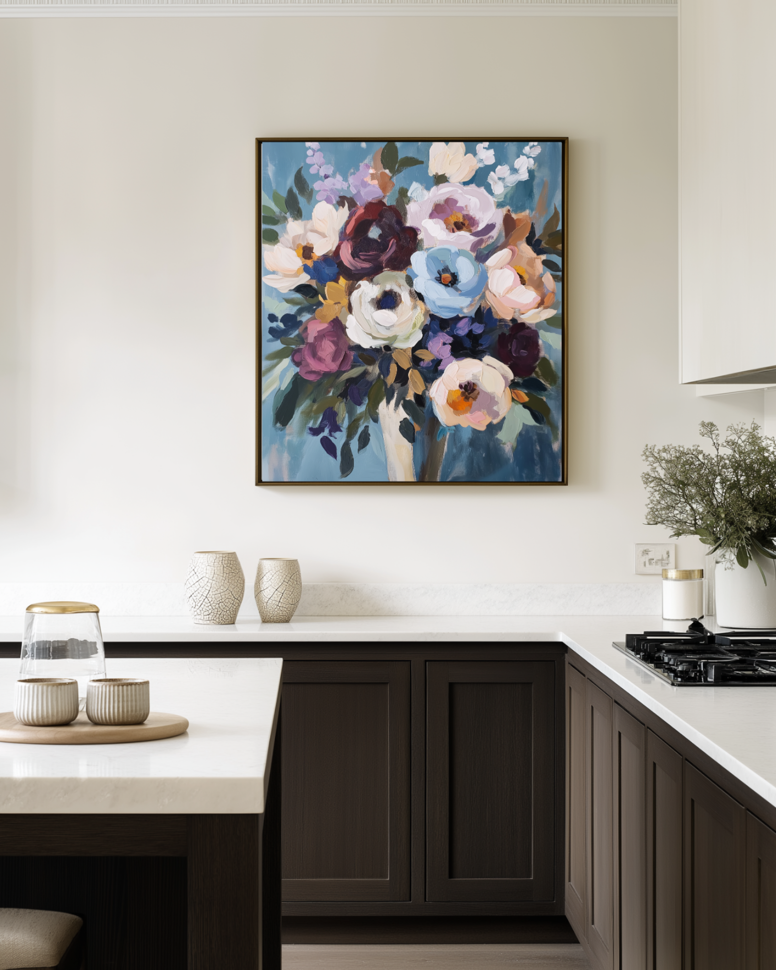 Kitchen interior with a floral painting on the wall