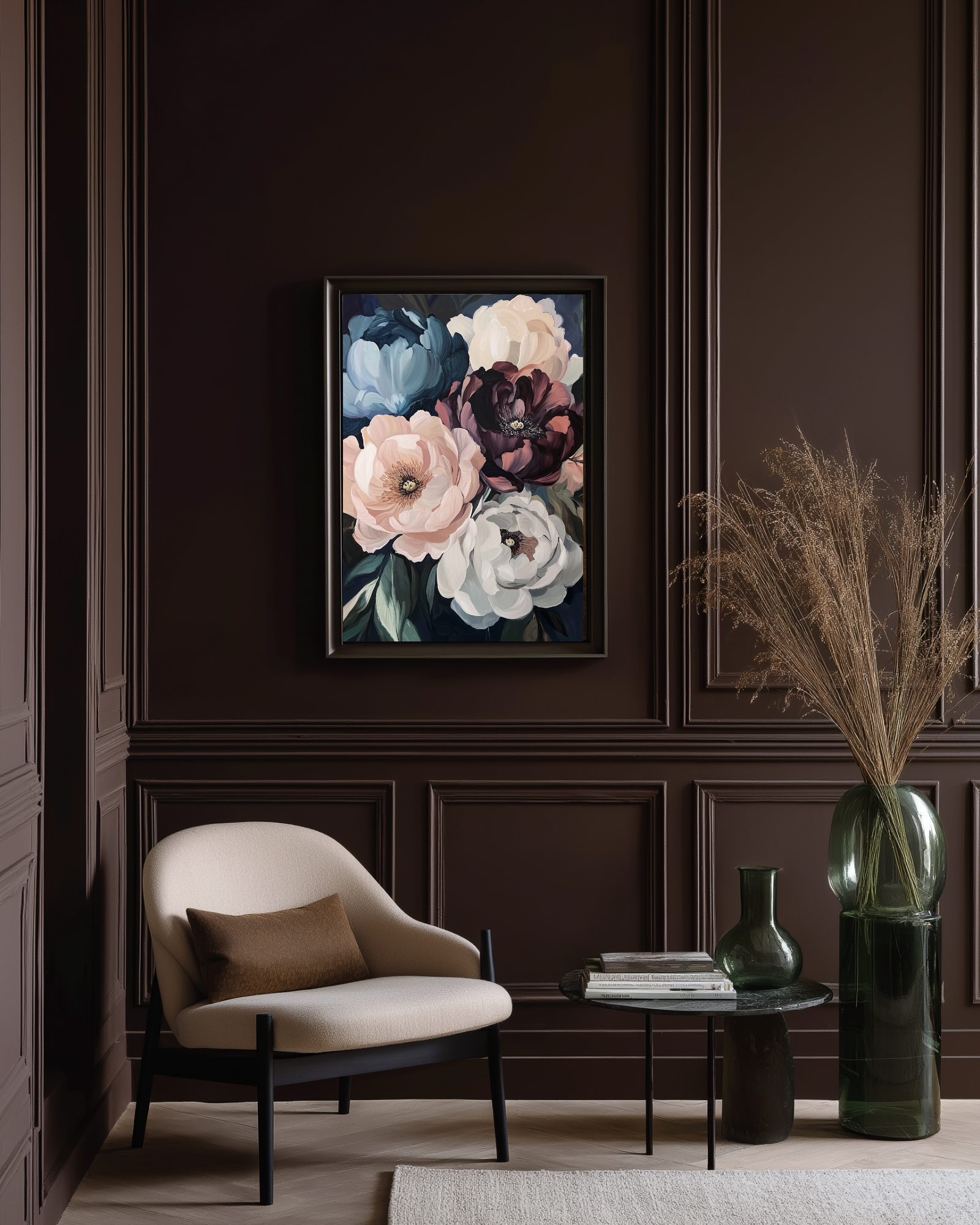 Floral artwork on a dark wall with a chair and decorative elements in a room.