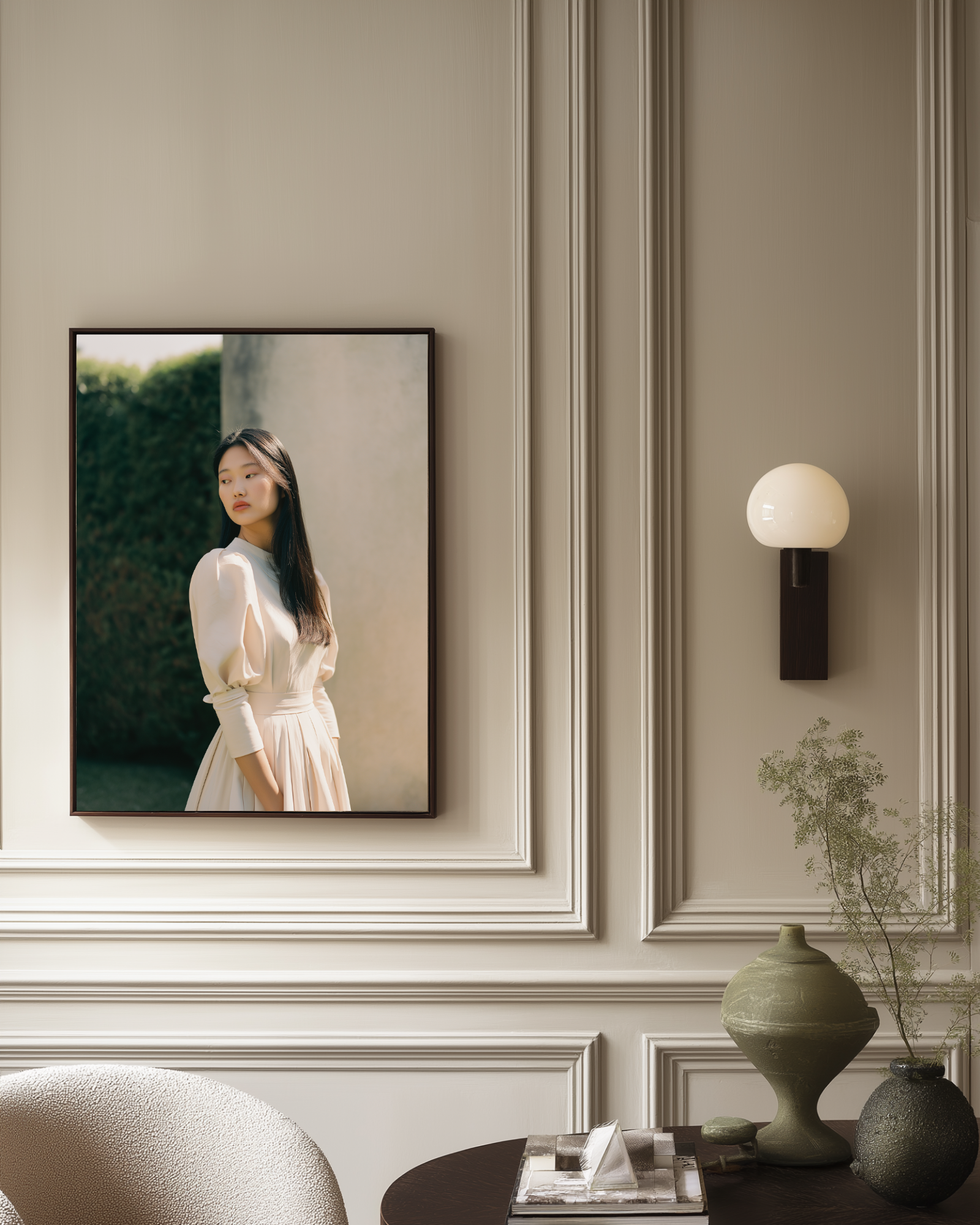 fashion photography poster framed in a luxury kitchen