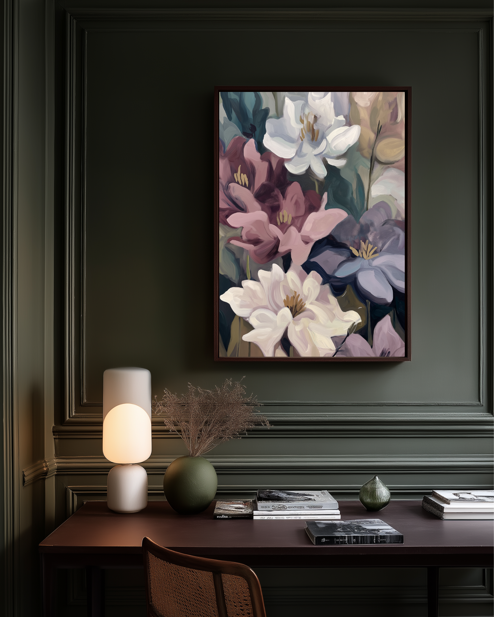 Floral artwork on a dark wall above a desk with decorative items.