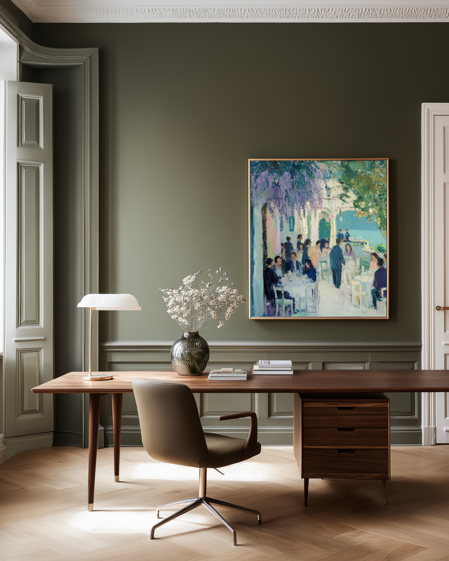 Modern office with a desk, chair, and blue luxury mediterranean style wall art.