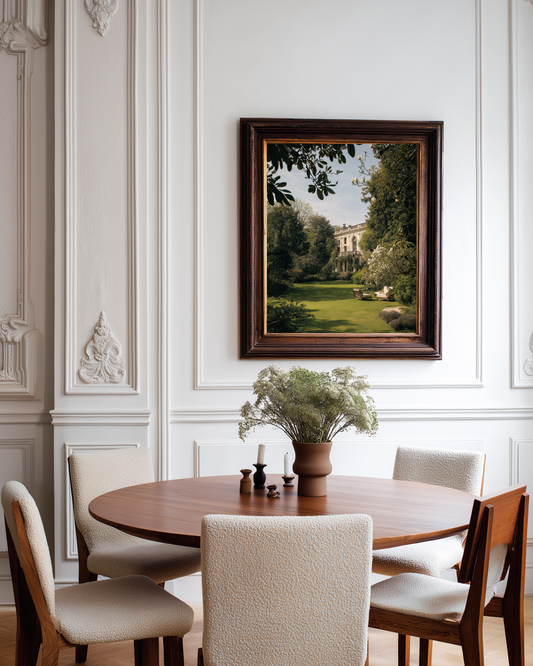 italian style mansion photo poster in luxury dining area with white paneled walls