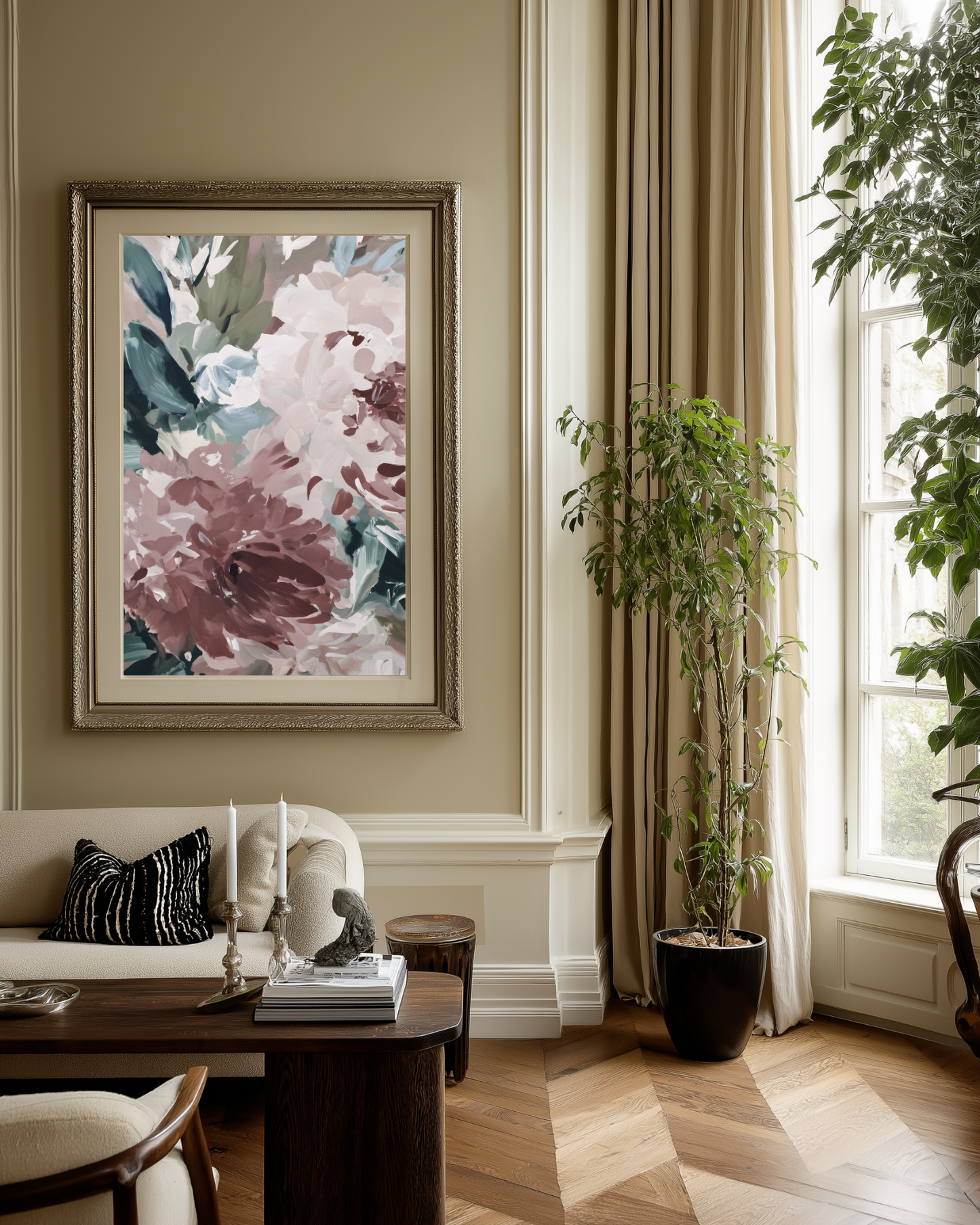 Living room with floral artwork on the wall, sofa, and plants.