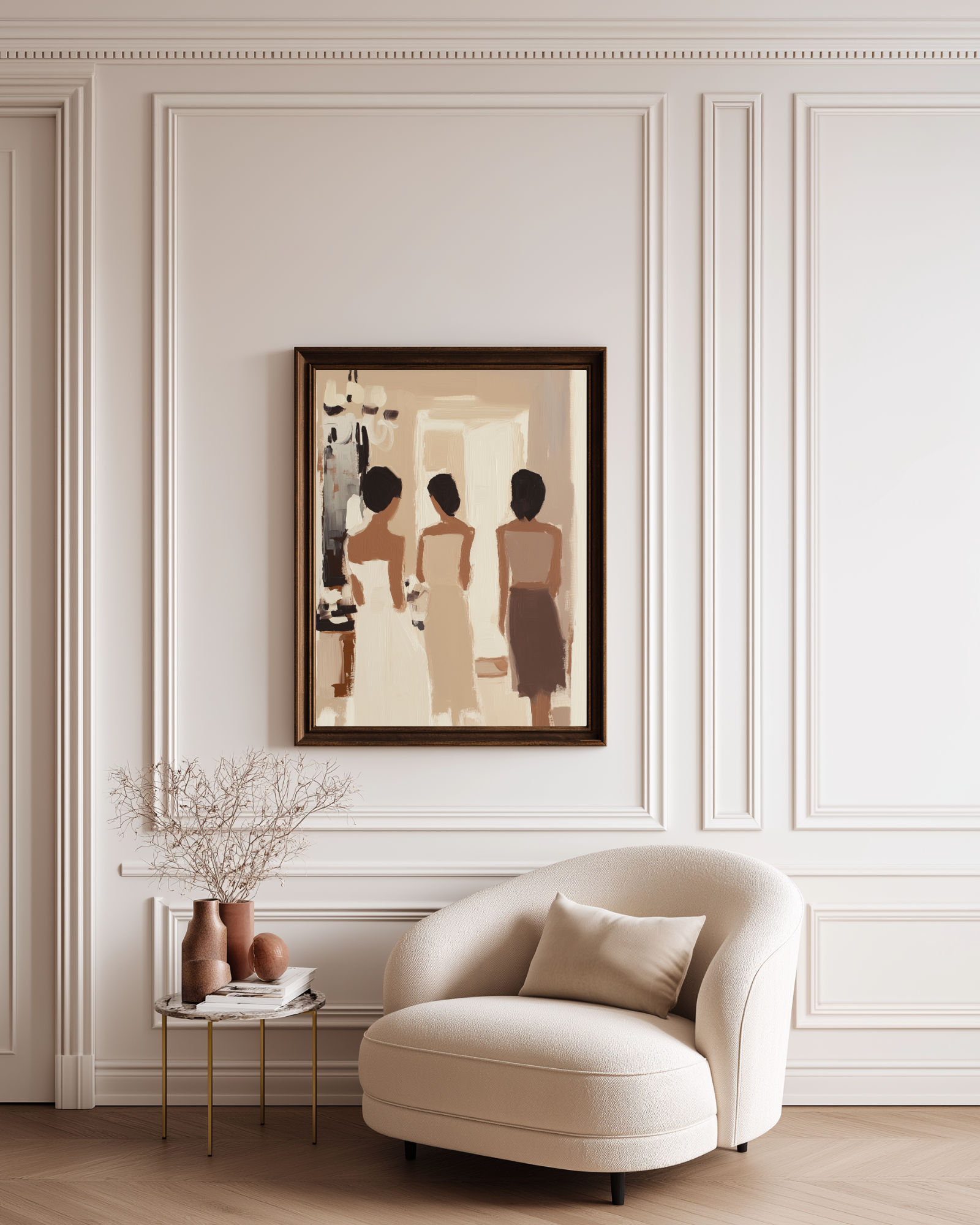 Modern living room with a beige armchair, side table, and neutral oil paint wall art.