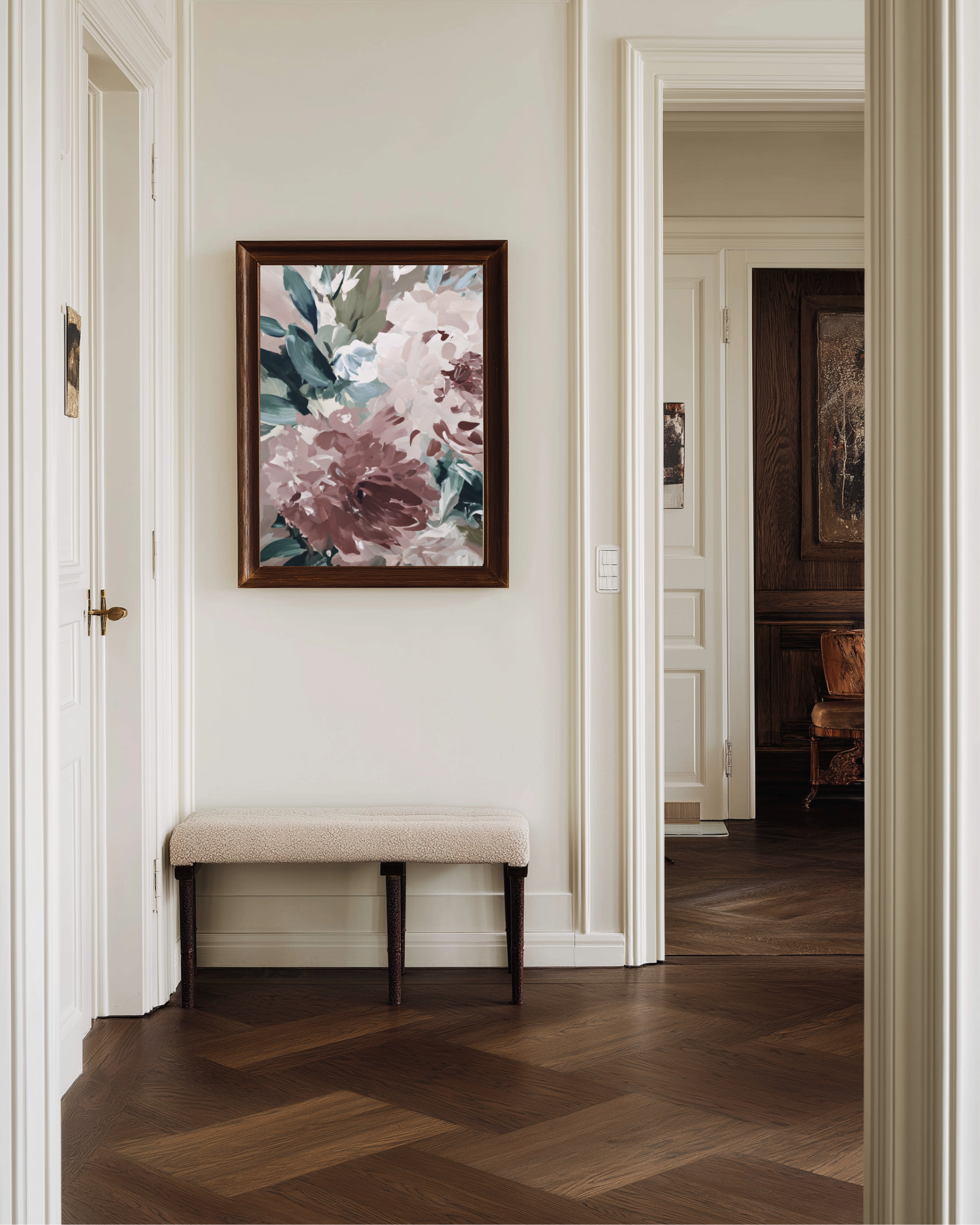 Floral painting on a wall in a hallway with a bench below