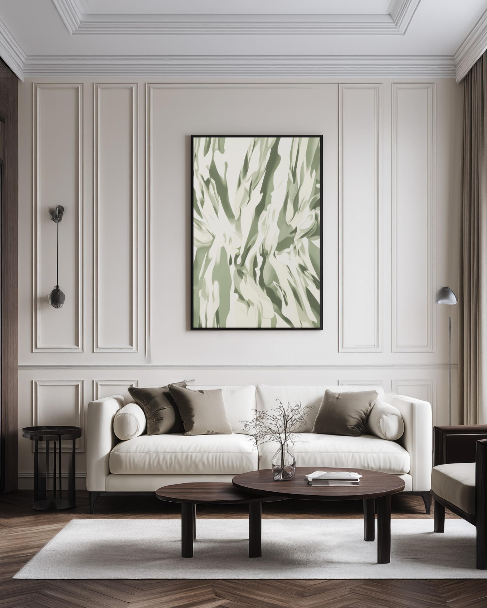 large sage green wall art in luxury living room