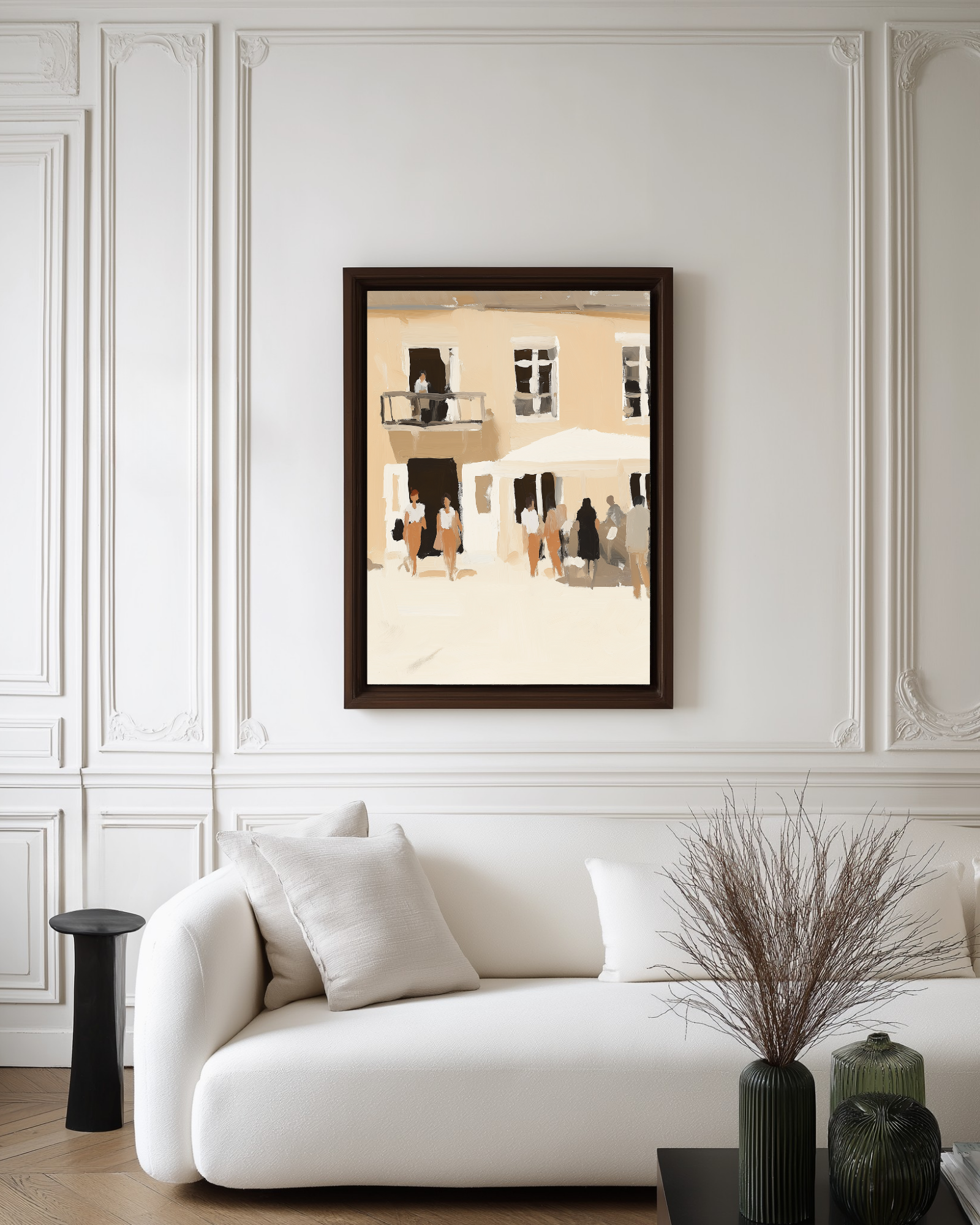 luxe white living room with spanish villa poster print