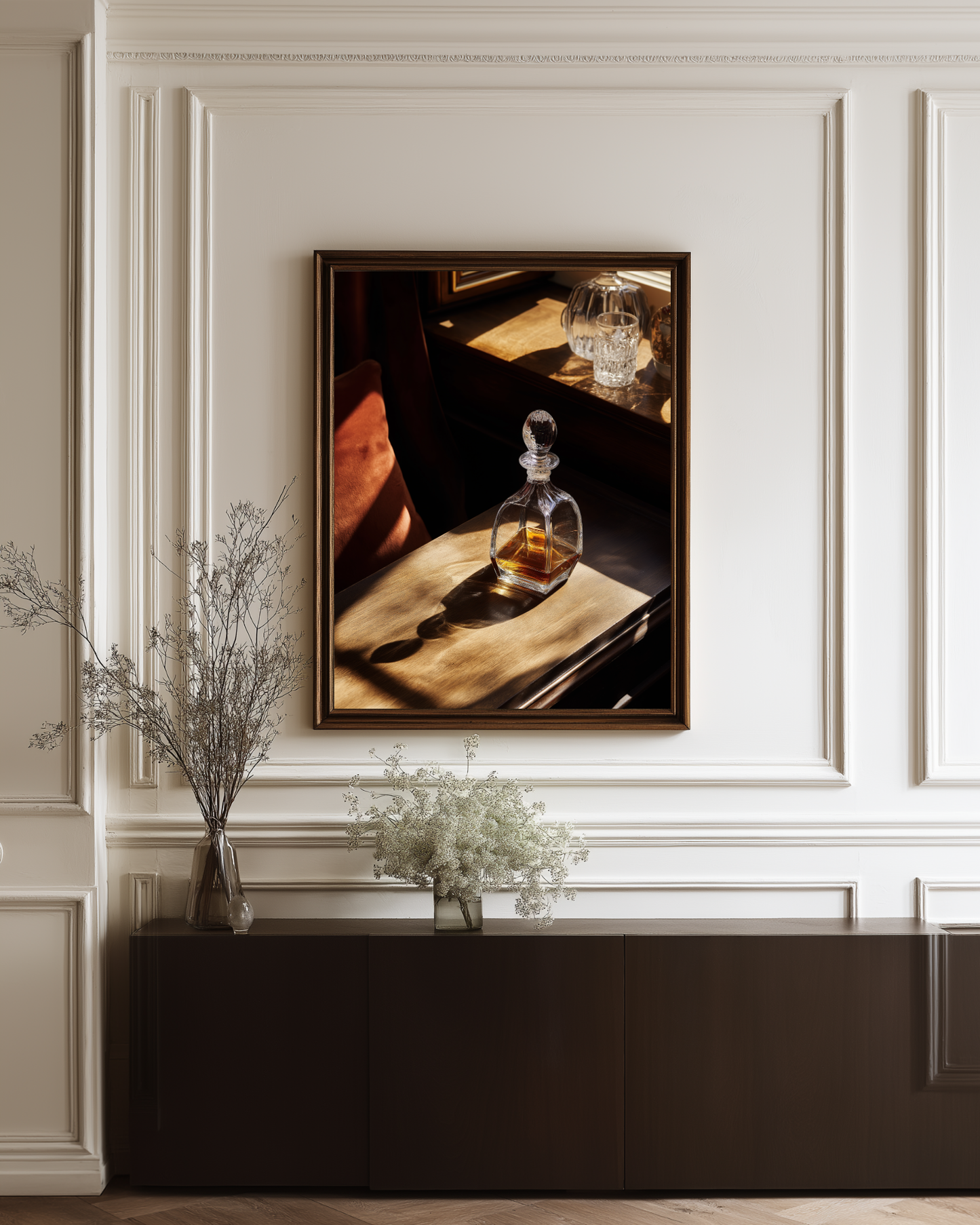luxurious hallway with white walls and dark whisky bottle photography poster