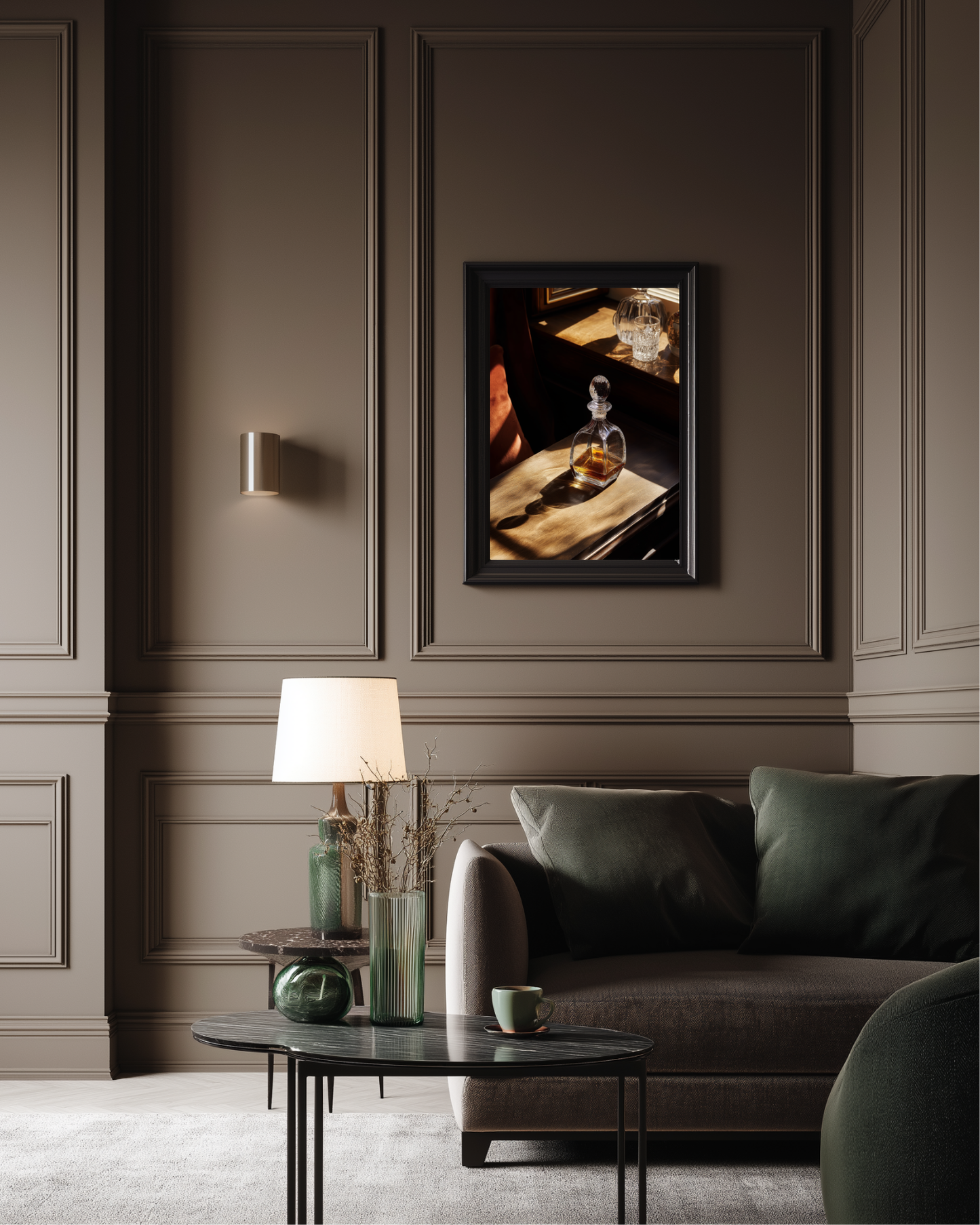 luxurious living room with dark walls and green home decor, with dark whisky bottle photography wall art