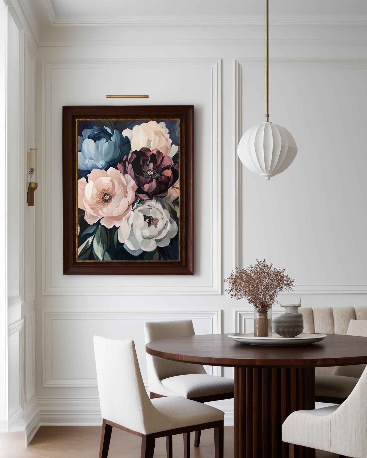luxury dining area with white walls and a large dark painting of peonies 