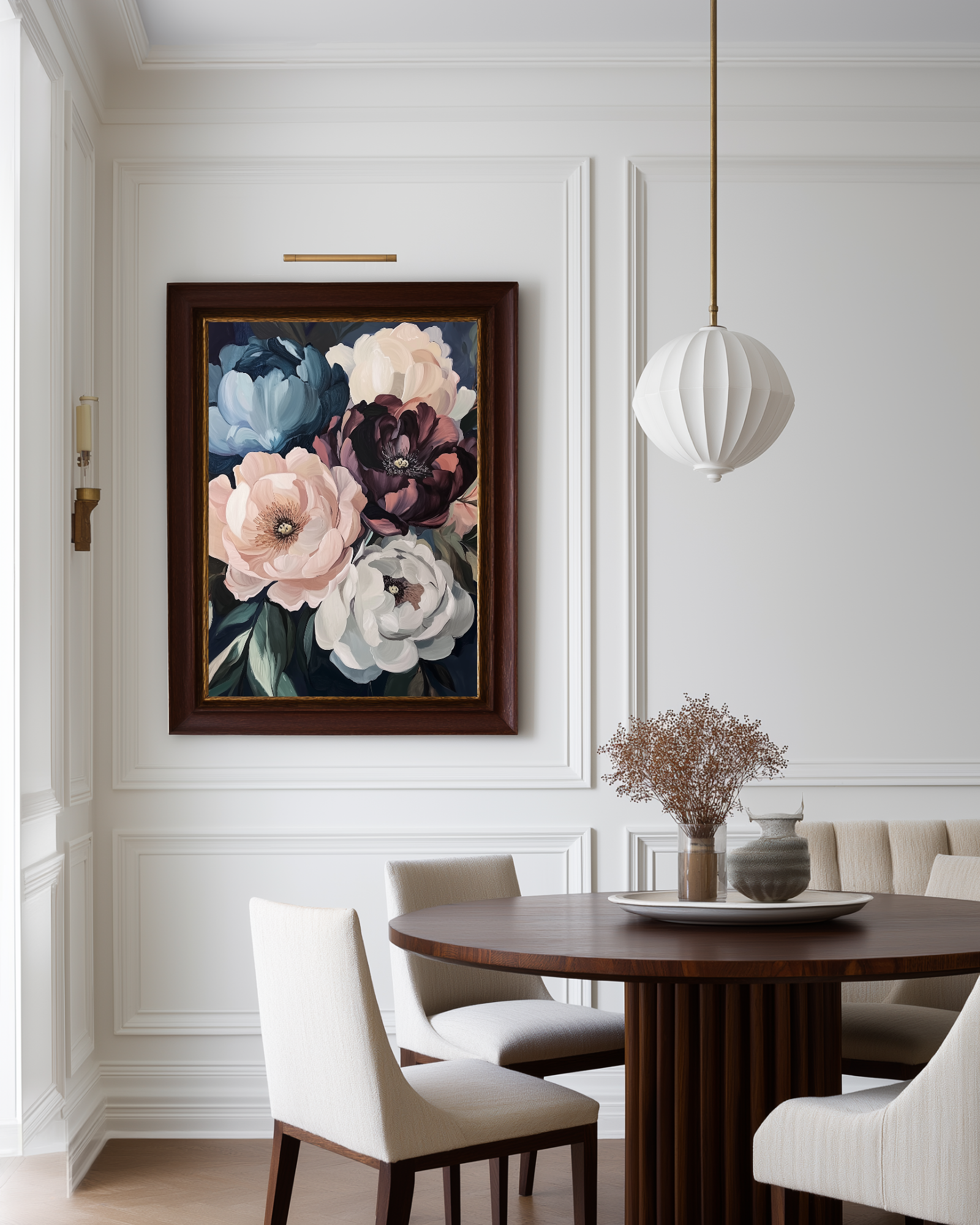 luxury dining area with white walls and a large dark painting of peonies 