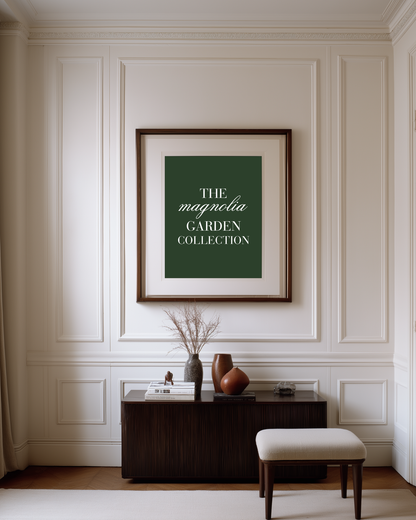 luxury living hallway with white paneled French walls and a dark green poster with text "the magnolia garden collection"