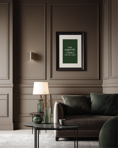 luxury living room with brown walls and a dark green poster with text "the magnolia garden collection"