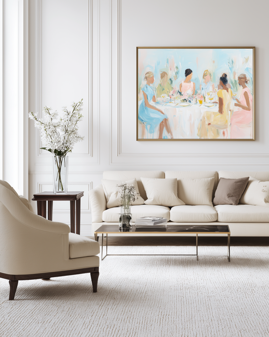 luxury living room with framed wall art of ladies who lunch in pastels