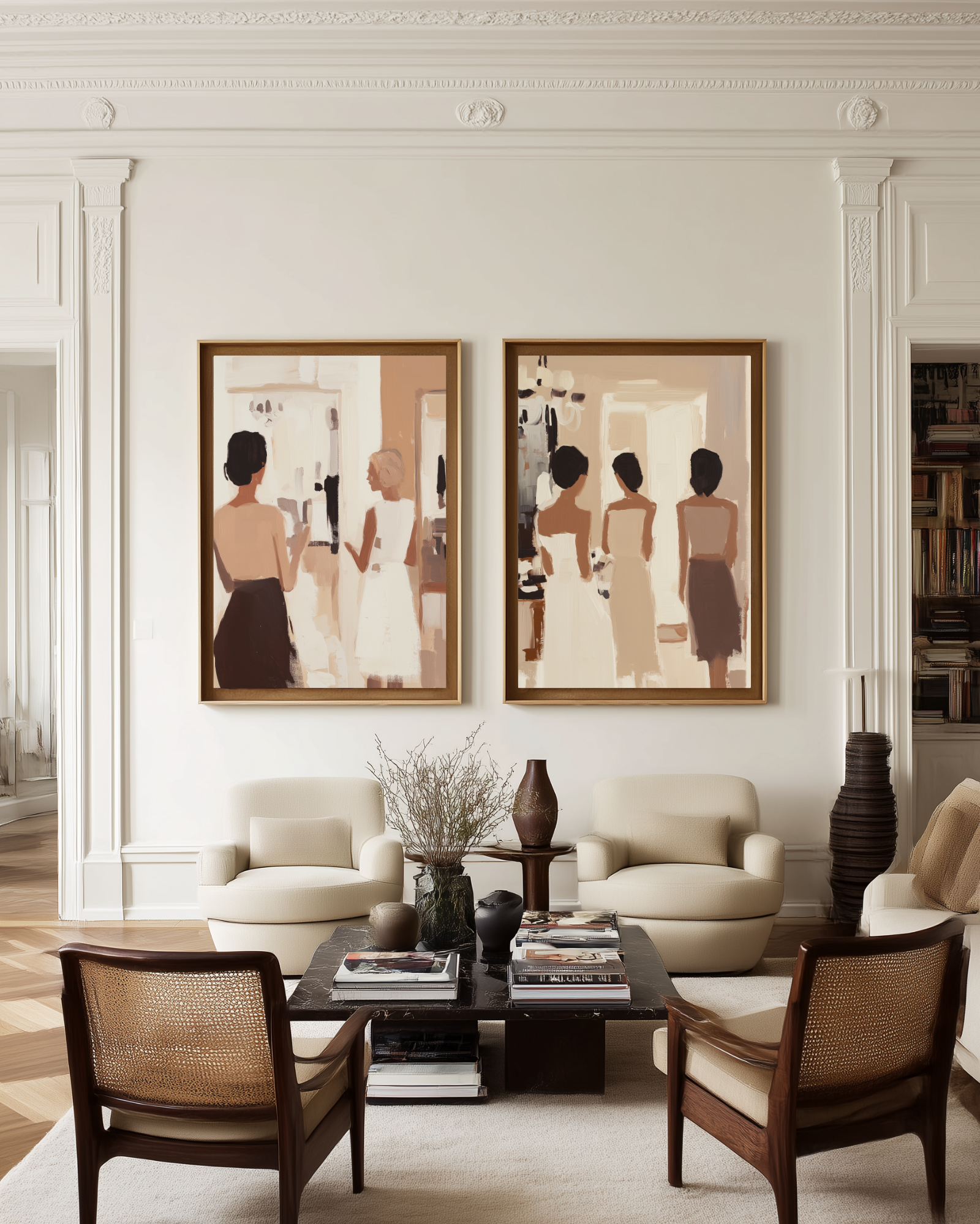 luxury wall art with women in neutral oil paint