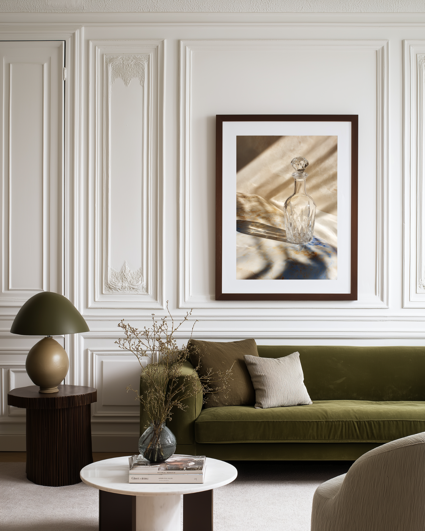 minimalist photography poster of a glass carafe in luxury living room.