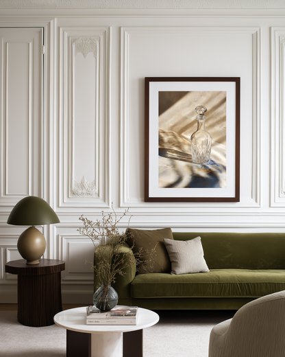 minimalist photography poster of a glass carafe in luxury living room.