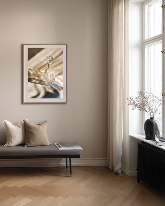 minimalist photography poster of a glass carafe in minimalist apartment