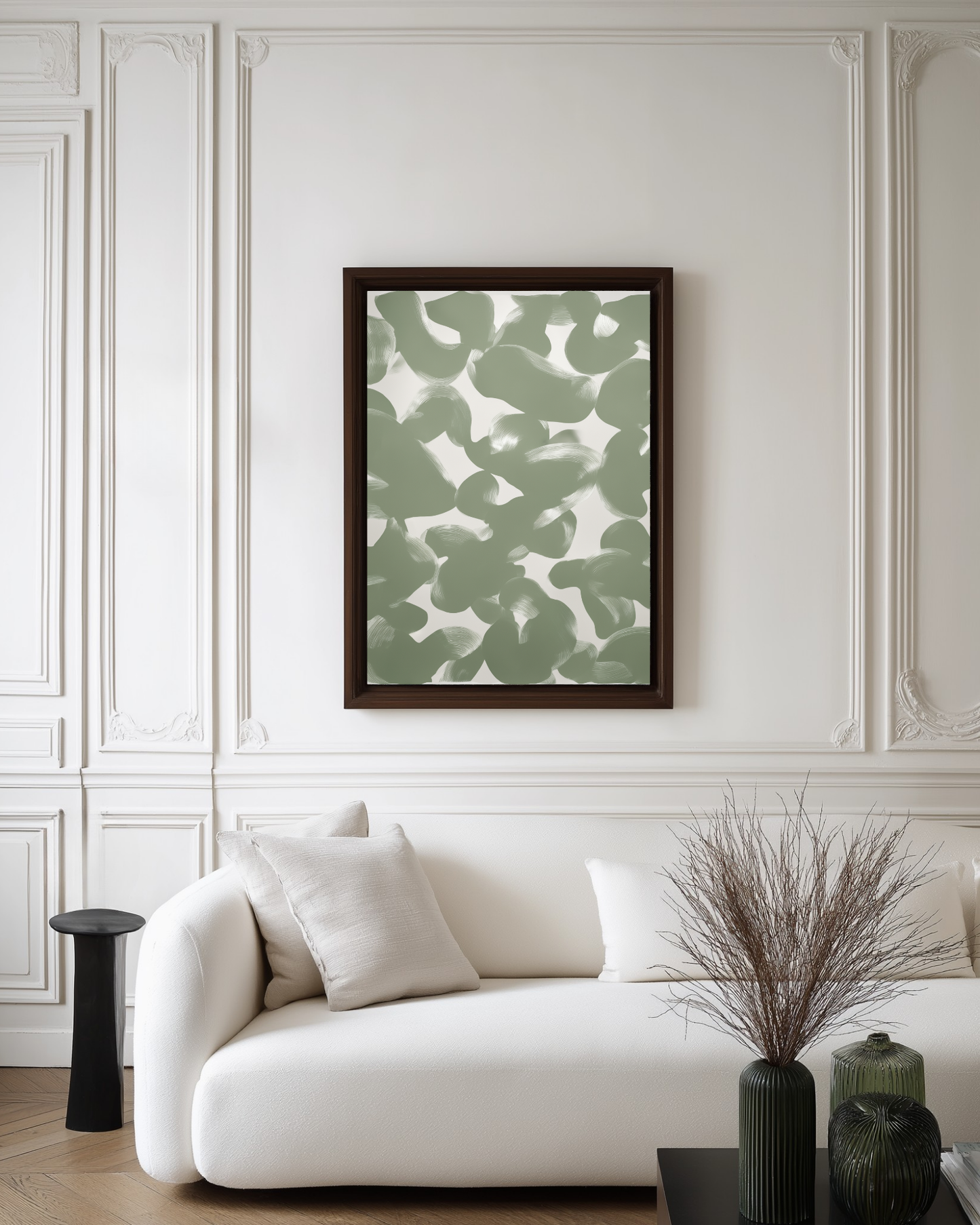 modern luxury living room with sage abstract wall art