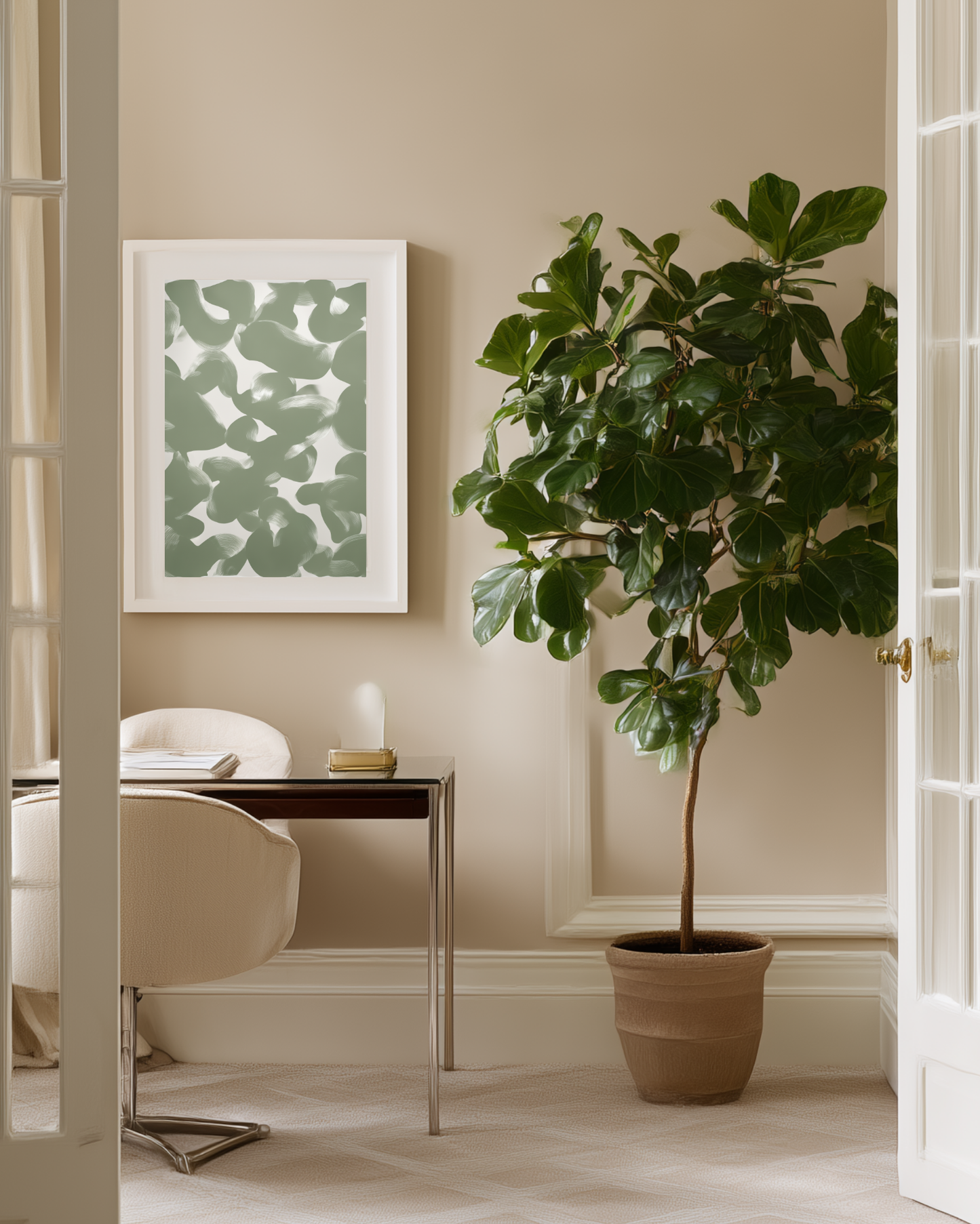 modern office with sage abstract wall art