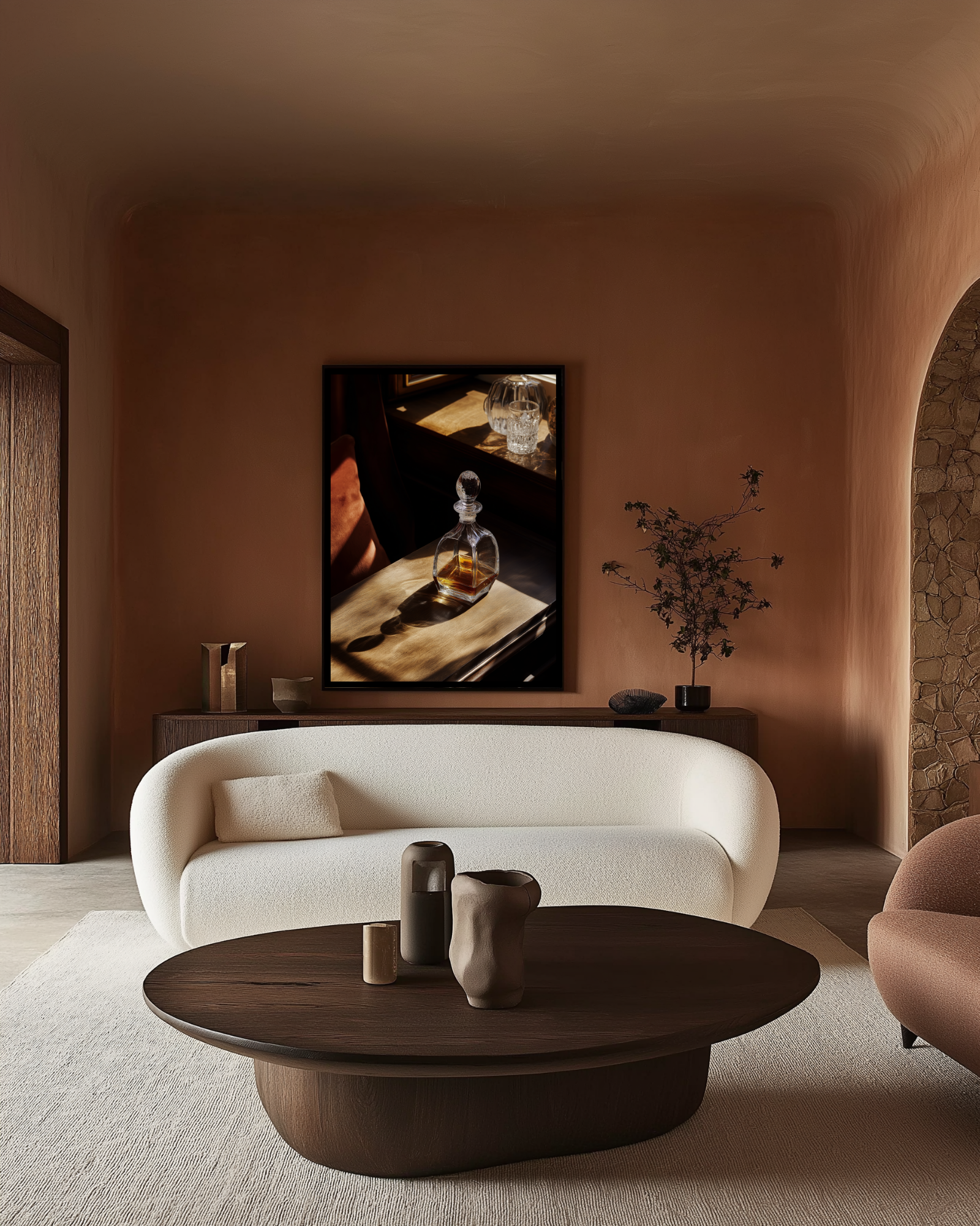 modern terracotta living room with dark whisky bottle photography wall art