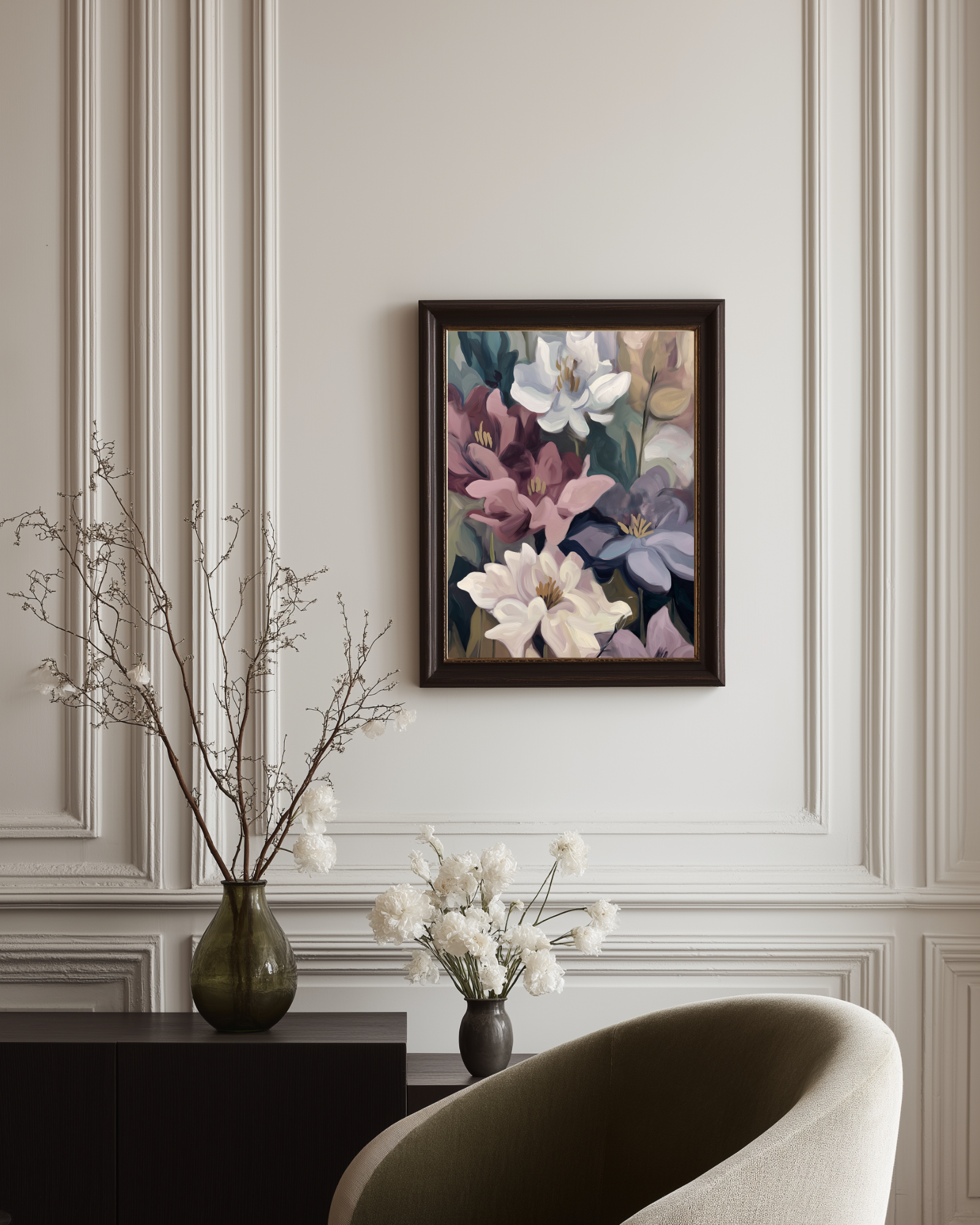 Framed moody floral framed poster on a wall with decorative vases below.