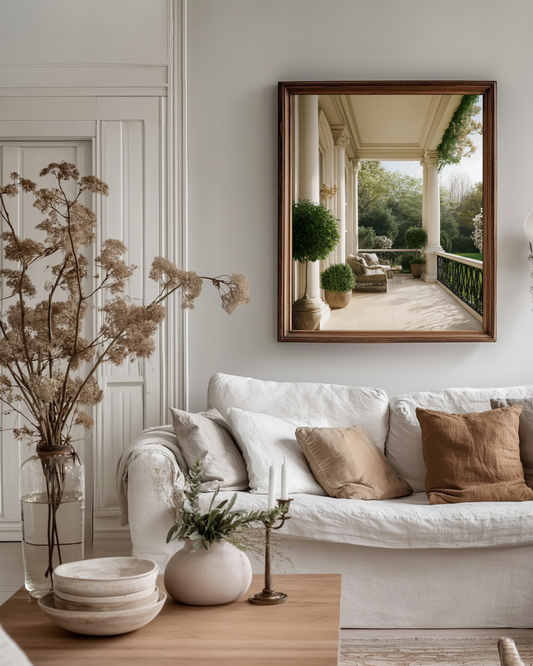 neutral toned living room with luxury photo wall art