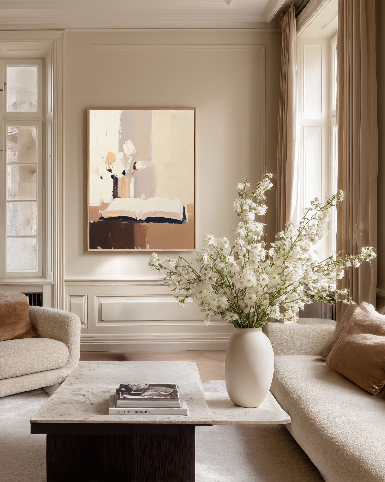Living room with a vase of white flowers on a coffee table, beige walls and a framed painting with an open book