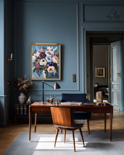 painting of a colorful flower bouquet in a luxury home office with muted blue walls