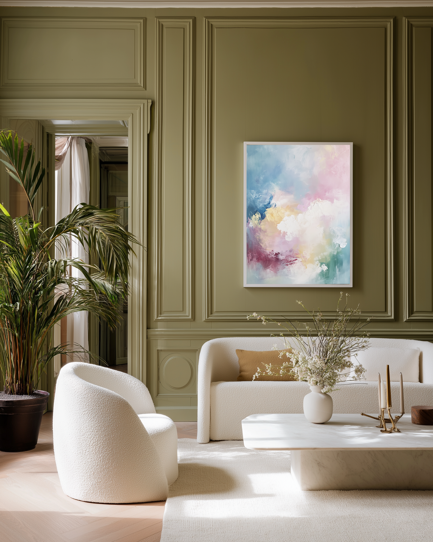 Pastel clouds poster on olive green walls