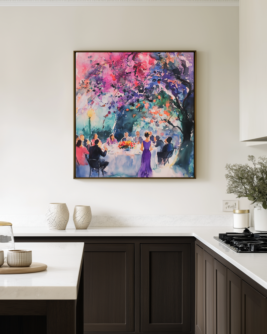Modern kitchen with dark wood cabinets, white countertops, and a colorful abstract painting on the wall.