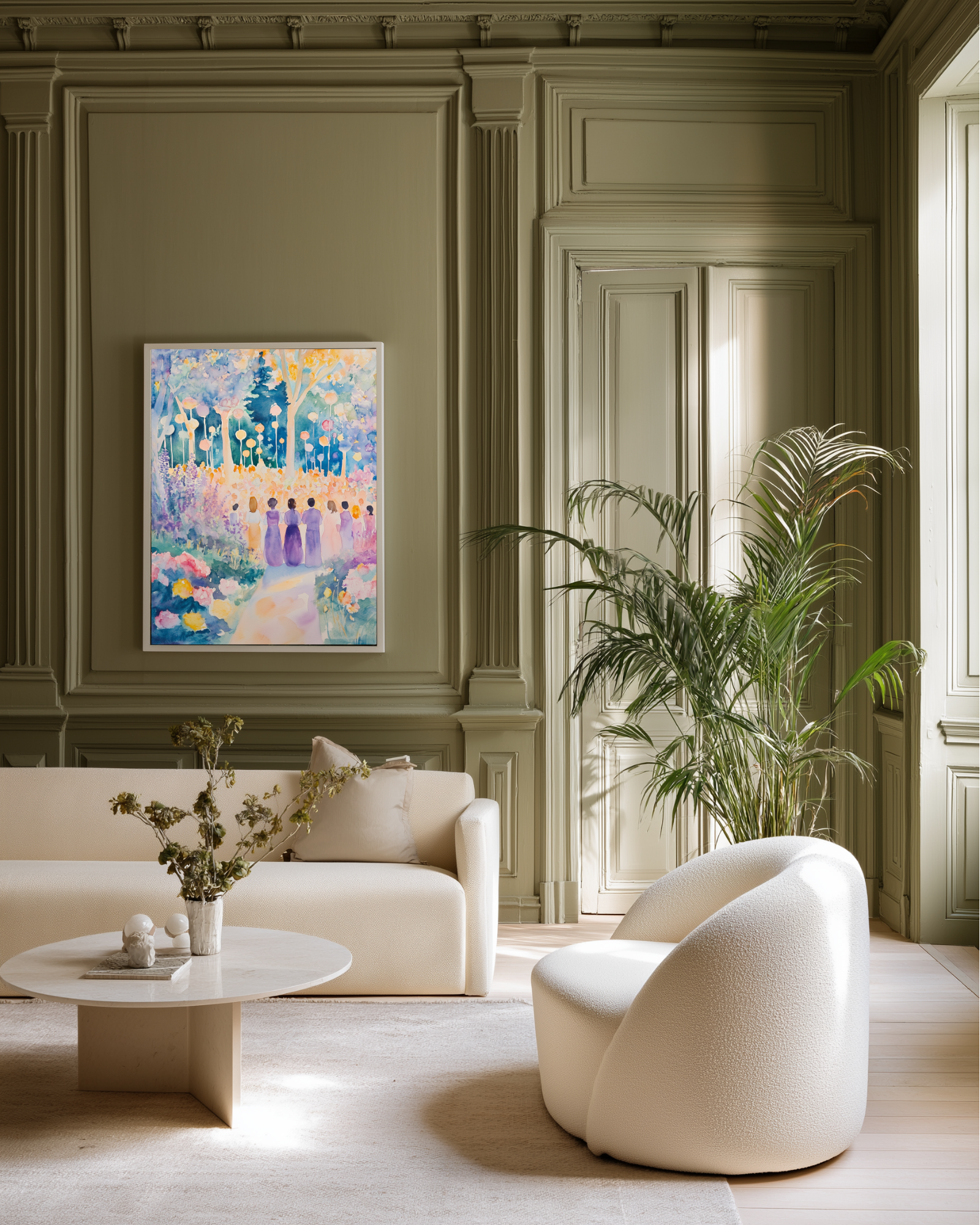 Modern living room with a white sofa, round coffee table, and purple colorful watercolor poster on an olive green wall.